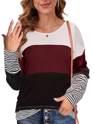 NEYOUQE Pullover Damen Langarm Rundhals Gestreift Farbblock Longsleeve Tshirt Beliebten lässig Pullover Basic Tops Shirt Damen Rotwein XL 48-50 von NEYOUQE