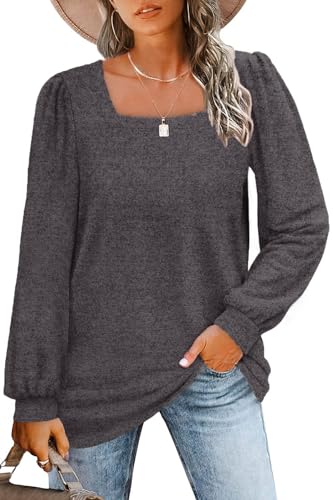 NEYOUQE Frauen Tops Langarm t Shirts Frauen Casual Damen Pullover Square Neck Top Mode Puff Tunika, A-schwarz grau, X-Large von NEYOUQE