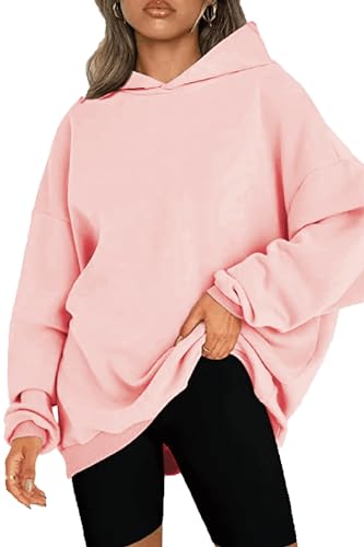 NEYOUQE Hoodie Damen Pullover Winter Langarm Solid Color Loose Sweatshirts Fleece Gefüttert Soft Casual Pulli Damen Rosa L 44-46 von NEYOUQE