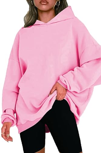 NEYOUQE Hoodie Damen Pullover Winter Langarm Solid Color Loose Sweatshirts Fleece Gefüttert Soft Casual Pulli Damen Tops Rosa M 40-42 von NEYOUQE