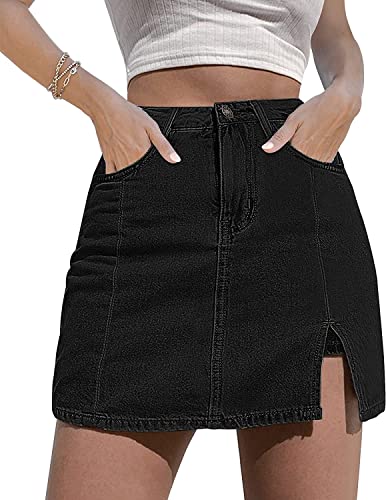 NEYOUQE Jeans Rock Damen Sommer mit Taschen Jeans Shorts Damen Skirt Seitenschlitz mit High Waisted Jean Shorts Stretch Sommer Outfits Damen Schwarz M 40-42 von NEYOUQE