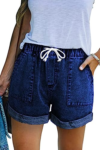 NEYOUQE Kurze Hose Damen Einfarbig mit Taschen Jeans Shorts Damen Elastischer Bund mit Kordelzug Damen Shorts Sommer Casual Jeans Hotpants Damen Navy blau M 40-42 von NEYOUQE