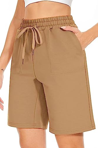 NEYOUQE Kurze Hose Damen Elastischer Bund 3/4 Hose Damen Einfarbig mit Taschen Kurze Sporthose Damen Casual Loose Laufshorts Damen Khaki M 40-42 von NEYOUQE