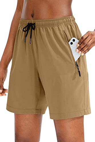 NEYOUQE Kurze Hose Damen Elastischer Bund 3/4 Einfarbig Mit Taschen Casual Loose Sporthose Laufshorts Khaki XXL 50-52 von NEYOUQE