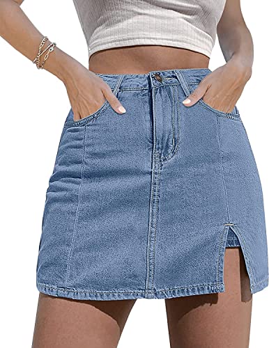 NEYOUQE Kurze Hose Damen Seitenschlitz mit High Waisted Jean Shorts Einfarbig Casual Rock Damen Sommer Jeansrock Damen Sommer Himmelblau L 44-46 von NEYOUQE