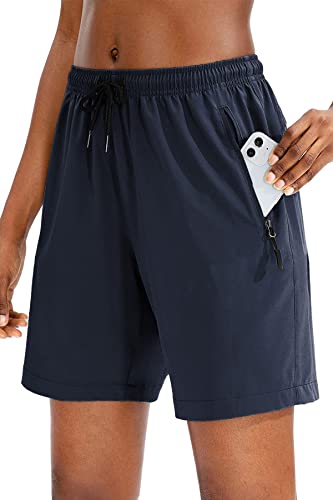 NEYOUQE Kurze Sporthose Damen Einfarbig mit Taschen Shorts Damen Sommer Elastischer Bund Kurze Hosen Damen Casual Laufhose Damen Kurz Navy blau L 44-46 von NEYOUQE