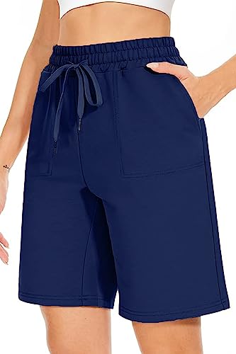 NEYOUQE Kurze Sporthose Damen Einfarbig mit Taschen Shorts Damen Sommer Elastischer Bund Kurze Hosen Damen Casual Laufhose Damen Kurz Navy blau L 44-46 von NEYOUQE