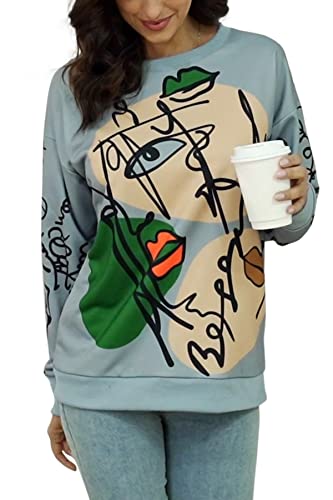 NEYOUQE Langarmshirt Damen Pullover Langarm Rundhals Sweatshirts Farbblock Drucke Graffiti Longshirt Lässig Casual Pullover Damen Hellblau L 44-46 von NEYOUQE