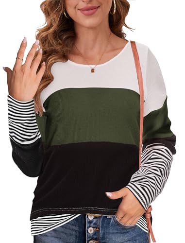 NEYOUQE Langarmshirt Damen Gestreift Rundhals Farbblock Longsleeve Tshirt Beliebten Pullover Basic Tops Bekleidung Sweatshirt Damen Grün L 44-46 von NEYOUQE