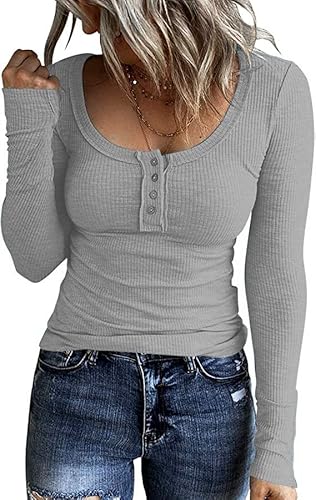 NEYOUQE Langarmshirt Damen Pullover Rundhals T Shirt Damen Langarm Knopfkragen Sweatshirt Damen Herbst und Winter Tunika Damen Grau L 44-46 von NEYOUQE