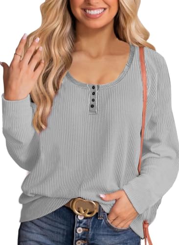 NEYOUQE Langarmshirt Damen Pullover Rundhals T Shirt Damen Langarm Knopfkragen Sweatshirt Damen Herbst und Winter Tunika Damen Grau S 36-38 von NEYOUQE