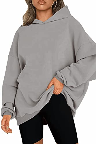 NEYOUQE Pulli Damen Pullover Winter Longsleeve Solid Color Loose Sweatshirts Fleece Gefüttert Soft Casual Damen Hoodie Grau XL 48-50 von NEYOUQE