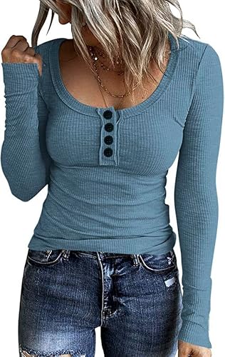 NEYOUQE Pullover Damen Herbst Rundhals Langarmshirt Damen Einfarbige Knopfkragen Longsleeve Damen Lässig Casual Bluse Damen Blau L 44-46 von NEYOUQE