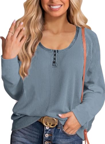 NEYOUQE Pullover Damen Herbst Rundhals Langarmshirt Damen Einfarbige Knopfkragen Longsleeve Damen Lässig Casual Bluse Damen Blau XL 48-50 von NEYOUQE