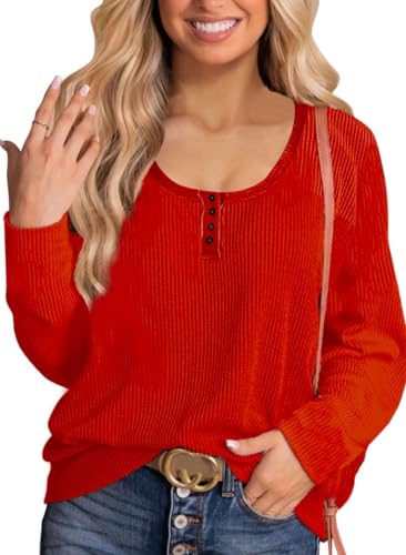 NEYOUQE Pullover Damen Herbst Rundhals Langarmshirt Damen Einfarbige Knopfkragen Longsleeve Damen Lässig Casual Bluse Damen Rot L 44-46 von NEYOUQE