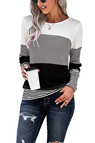 NEYOUQE Pullover Damen Langarm Gestreift Farbblock Rundhals Longsleeve Tshirt lässig Beliebten Pullover Basic Bekleidung Langarmshirt Damen Tops Grau XXL 50-52 von NEYOUQE