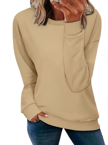 NEYOUQE Pullover Damen Langarm Rundhals Einfarbig Gestreiftes Lässig Langarmshirt Tops Sweatshirt Damen Herbst Beige XL von NEYOUQE