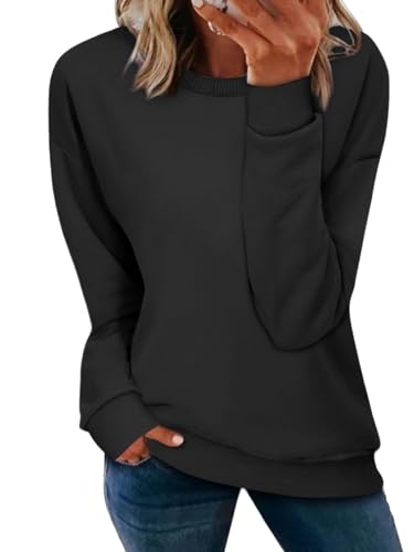 NEYOUQE Pullover Damen Longsleeve Rundhals Gestreifter Einfarbig Langarmshirt Lässig Sweatshirt Damen Schwarz L von NEYOUQE