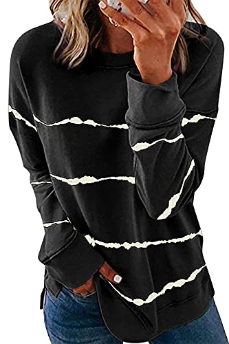 NEYOUQE Pullover Damen Longsleeve Rundhals Gestreifter Farbblock Langarmshirt lässig Sweatshirt Damen Schwarz L von NEYOUQE