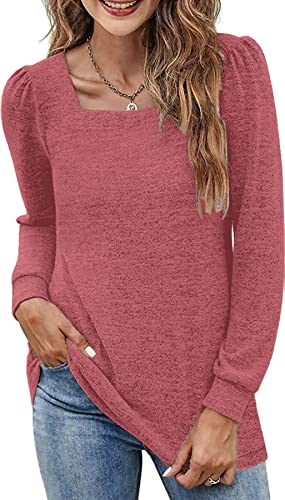 NEYOUQE Pullover Damen Tshirt Einfarbig Quadratischer Kragen Tshirt Damen Langarm Casual Loose Shirt Longsleeve Blusen & Tuniken für Damen Rot L 44-46 von NEYOUQE