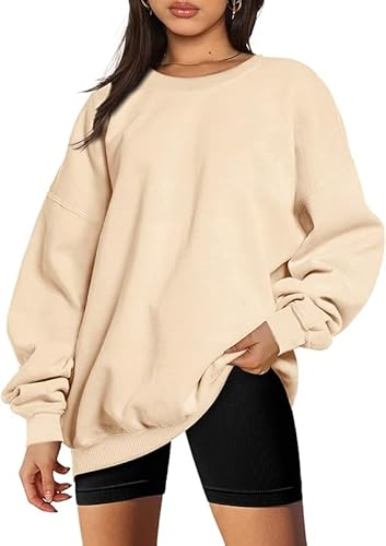 NEYOUQE Pullover Damen Winter Langarm Rundhalsausschnitt Sweatshirt Damen Einfarbige Fleece Gefüttert Soft Langarmshirt Damen Tops Beige M von NEYOUQE