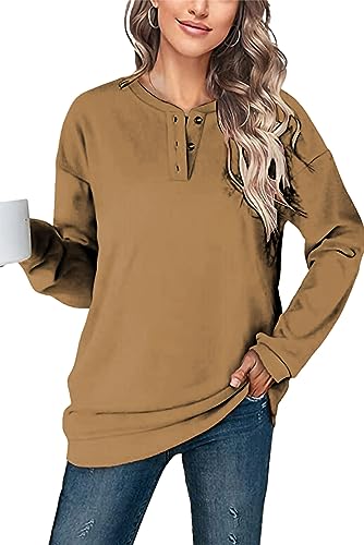 NEYOUQE Pullover Damen Winter Sweatshirts Shirt Langarm Einfarbig Rundhalsausschnitt Casual Sweatshirts für Damen Khaki XXL 50-52 von NEYOUQE