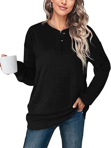 NEYOUQE Pullover Damen Winter Sweatshirts Shirt Langarm Einfarbig Rundhalsausschnitt Casual Sweatshirts für Damen Schwarz L 44-46 von NEYOUQE