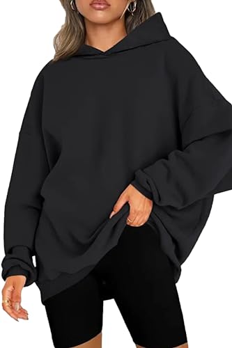 NEYOUQE Pullover Winter Langarm Solid Color Loose Sweatshirts Fleece Gefüttert Soft Pulli Damen Casual Damen Hoodie Schwarz L 44-46 von NEYOUQE