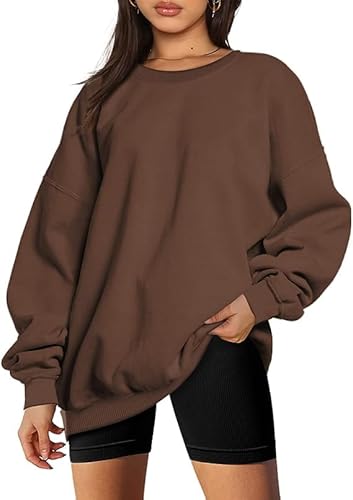 NEYOUQE Pullover für Damen Longsleeve Solid Color Sweatshirt Damen Oversize Rundhals Fleece Gefüttert Soft Pulli Damen Herbst Braun XXL von NEYOUQE