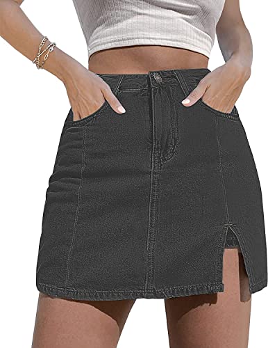NEYOUQE Rock Damen Sommer Einfarbig mit Taschen Jeans Kurze Hose Damen Sommer Seitenschlitz mit High Waisted Jean Shorts Stretch Skirt Grau M 40 42 von NEYOUQE
