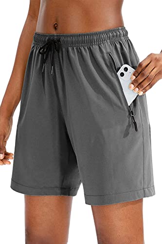 NEYOUQE Running-Shorts für Damen Elastischer Bund Sport Shorts Damen mit Taschen Kurze Sporthose Damen Casual Einfarbig Kurze Hosen Damen Sommer Grau L 44-46 von NEYOUQE