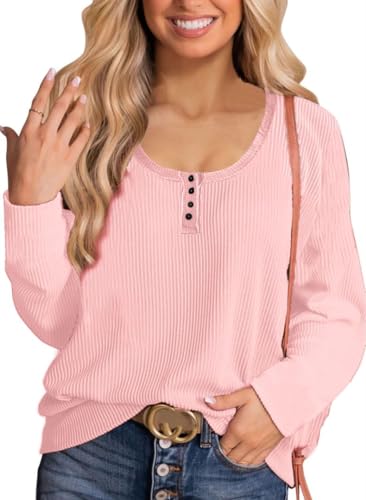 NEYOUQE Shirt Langarm Damen Einfarbig Rundhals Blusen & Tuniken Für Damen Knopfkragen Longsleeve Damen Lässig Casual Oberteile Damen Rosa M 40-42 von NEYOUQE