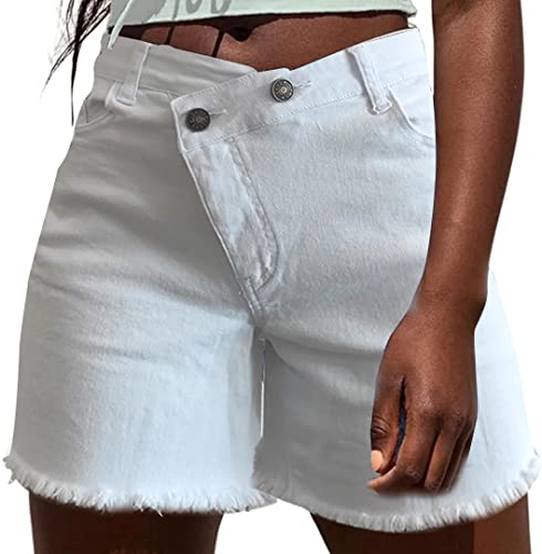 NEYOUQE Shorts Damen Sommer Mittlere Taille Knopf Kurze Hosen Damen Sommer Einfarbig mit Taschen Hotpants Damen Weiß L 44-46 von NEYOUQE