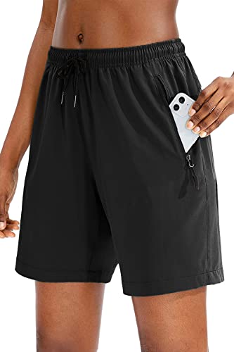 NEYOUQE Shorts Laufhose Damen Kurz 3/4 Elastischer Bund Shorts Damen Sommer mit Taschen Einfarbig Kurze Sporthose Damen Casual Loose Gym Shorts Schwarz L 44-46 von NEYOUQE