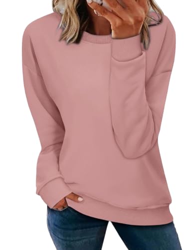 NEYOUQE Sweatshirt Damen Langarm Rundhals Einfarbig Sweatshirt Longsleeve Crewneck Pullover Loose Lässig Casual Pullover Damen Winter Rosa M von NEYOUQE