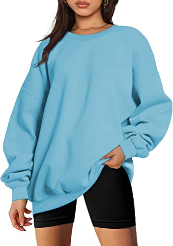 NEYOUQE Sweatshirt Damen Longsleeve Rundhals Pullover Damen Winter Oversize Solid Color Pulli Damen Fleece Gefüttert Oberteile Blau S von NEYOUQE