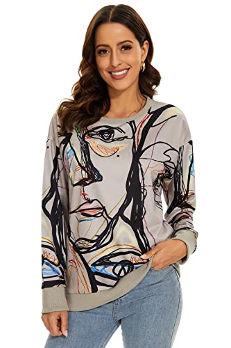 NEYOUQE Sweatshirt Damen Pullover Langarm Rundhals Farbblock Sweatshirts Longsleeve Casual Longshirt Drucke Graffiti Pulli Damen Grau S 36-38 von NEYOUQE