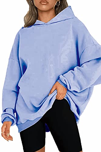 NEYOUQE Sweatshirts für Damen Langarm Einfarbig Loose Pullover für Damen Fleece Gefüttert Soft Casual Kapuzenpullover Damen Sweatshirt Blau L 44-46 von NEYOUQE