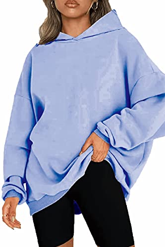 NEYOUQE Sweatshirts für Damen Langarm Einfarbig Loose Pullover für Damen Fleece Gefüttert Soft Casual Kapuzenpullover Damen Sweatshirt Blau XXL 50-52 von NEYOUQE