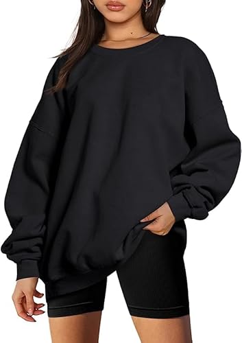 NEYOUQE Sweatshirts für Damen Langarm Rundhalsausschnitt Pullover Damen Winter Einfarbige Fleece Gefüttert Soft Pulli Damen Schwarz L von NEYOUQE