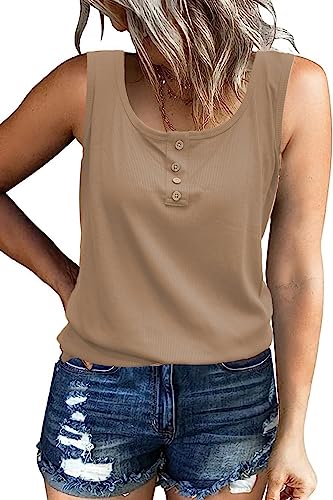 NEYOUQE T Shirt Damen Tops Sommer U-Ausschnitt Ärmellos Tunika Damen Sommer Einfarbig Lässig Bluse Damen Sommer Tanktops Frauen Khaki XXL 50-52 von NEYOUQE