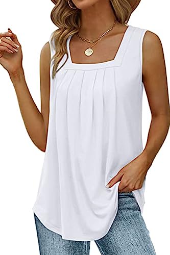 NEYOUQE Top Damen Oberteile Sommer Quadratischer Kragen Ärmellos Basic Shirt Damen Einfarbig Lässig Top Damen Sommer Locker Bluse Ärmellos Damen Weiß M 40-42 von NEYOUQE