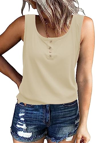 NEYOUQE Top Damen Oberteile Sommer U-Ausschnitt Ärmellos Basic Shirt Damen Einfarbig Lässig Top Damen Sommer Locker Bluse Ärmellos Damen Beige L 44-46 von NEYOUQE