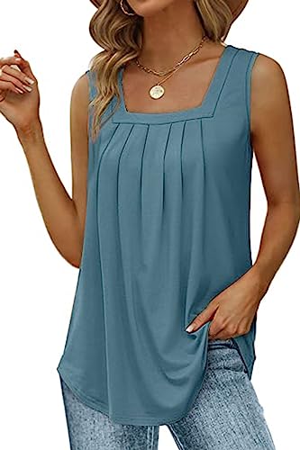 NEYOUQE Top Damen Sommer Quadratischer Kragen Ärmellos Tunika Damen Sommer Einfarbig Tank Top Oberteile Damen Sommer Outfits Damen Blau L 44-46 von NEYOUQE