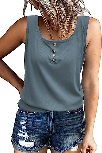 NEYOUQE Top Damen Sommer U-Ausschnitt Ärmellos Tunika Damen Sommer Einfarbig Tank Top Oberteile Damen Sommer Outfits Damen Blau L 44-46 von NEYOUQE