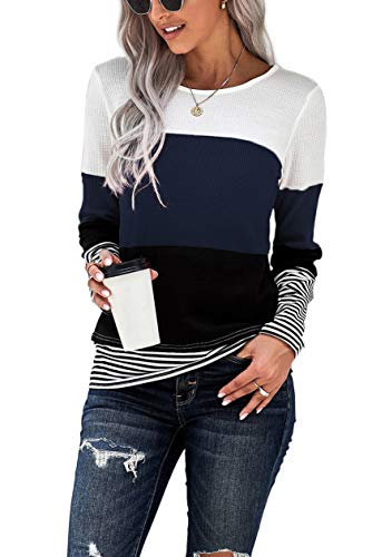 NEYOUQE Pullover Damen Langarm Gestreift Rundhals Longsleeve Tshirt Beliebten Pullover Basic Einfarbig Tshirt Langarm Damen Navy blau XL 48-50 von NEYOUQE