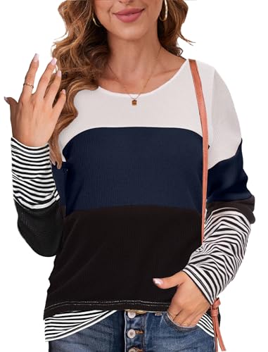 NEYOUQE Tshirt Damen Langarm Rundhals Color Block Gestreift Longsleeve Tshirt Beliebten Pullover Basic Einfarbig Langarmshirt Damen Navy blau M 40-42 von NEYOUQE