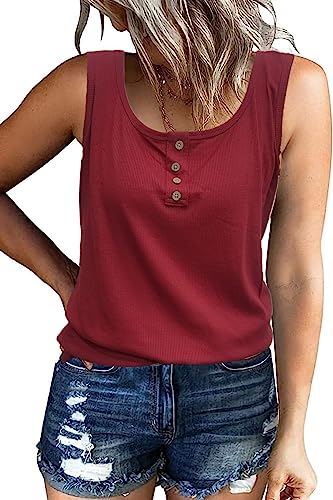 NEYOUQE Tops für Damen Tshirt U-Ausschnitt Ärmellos Shirts Damen Sommer Casual Lässig Einfarbig Basic Shirt Damen Top Sommer Weinrot L 44-46 von NEYOUQE