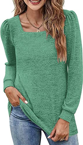 NEYOUQE Tshirt Damen Langarm Quadratischer Kragen Shirt Einfarbig Longsleeve Pulli Damen Lässig Basic Shirt Damen Pullover Grün L 44-46 von NEYOUQE