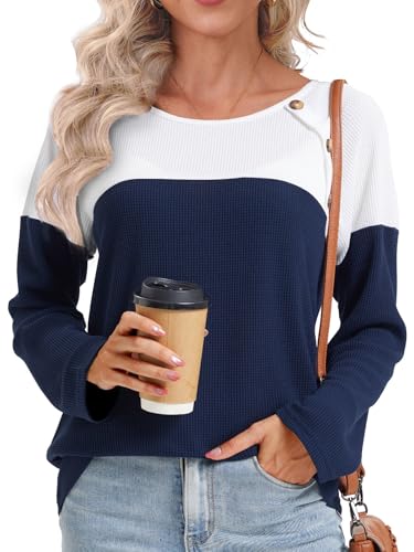 NEYOUQE Tshirt Damen Langarm Rundhals Color Block Gestreift Longsleeve Tshirt Pullover Basic Einfarbig Langarmshirt Navyblau M - 40-42 von NEYOUQE